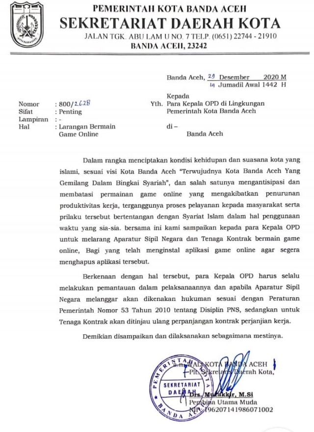 ASN di Banda Aceh Dilarang Main Game Online, Bertentangan dengan Syariat Islam